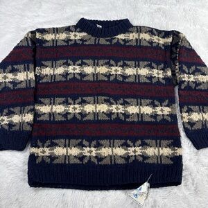 Men's Navy and Cream Patterned Crewneck Sweater